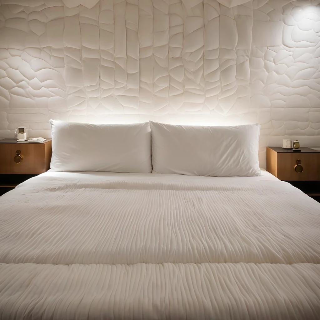 Create an image of a love hotel room featuring a bed with a sensual and intimate atmosphere. The room should have soft, ambient lighting that is somewhat dark, enhancing the cozy and private feel. The bed should be the central focus, with luxurious sheets and pillows that are slightly disheveled to suggest recent use. The window should show a nighttime scene outside, adding to the overall mood. The lighting should create a warm, inviting glow, highlighting the textures of the sheets and the overall comfort of the room. Include subtle details such as decorative elements or a nightstand to complete the romantic and secluded setting.