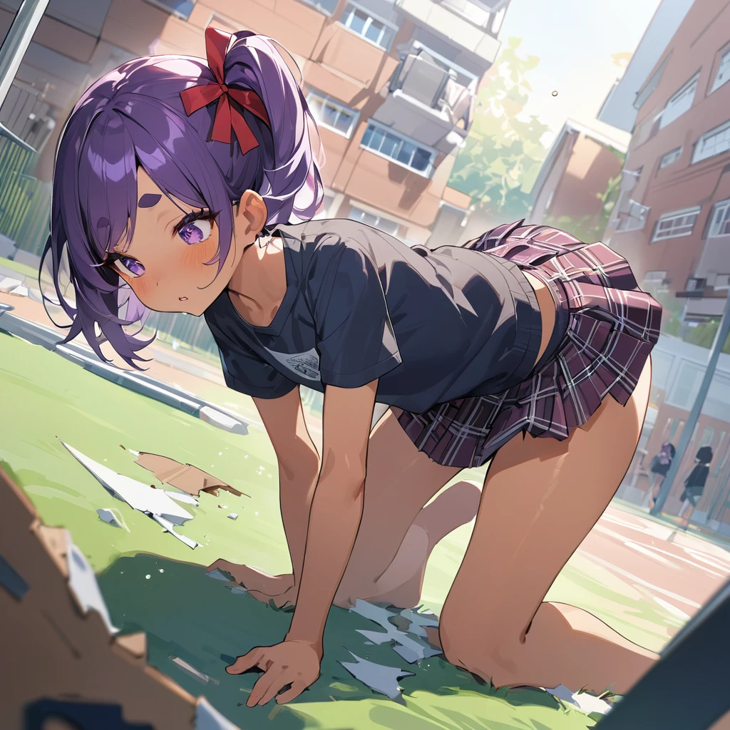 work of art, best qualityer, extremely detaild,Dutch angle, アニメ,Large school sweater、plaid plaid skirt,skin tanned,15year old ,dark skin tiny body,smallbreast,baby face,hand between legs,break,multicolored dark purple hair,side ponytail,short hair with long highlights,break,Eyes red,thick eyebrow,unexpressive,Detailed lips,False eyelashes,break,red cotton ribbon,break,break,microskirt,break,schoolyard