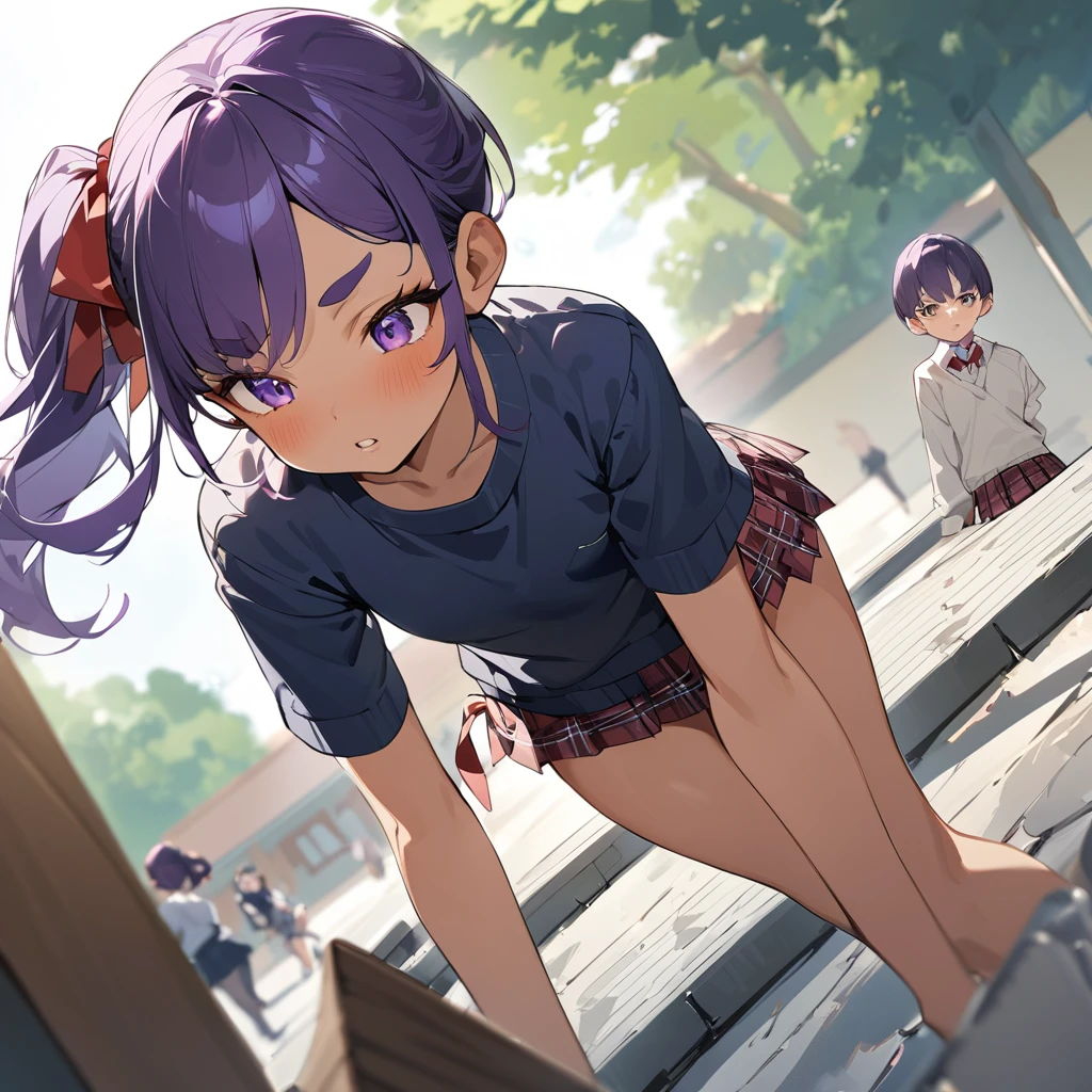 work of art, best qualityer, extremely detaild,Dutch angle, アニメ,Large school sweater、plaid plaid skirt,skin tanned,ar old rk skin tiny body,smallbreast,baby faetween legs,break,multicolored dark purple hair,side ponytail,short hair with long highlights,break,Eyes red,thick eyebrow,unexpressive,Detailed lips,False eyelashes,break,red cotton ribbon,break,break,microskirt,break,schoolyard