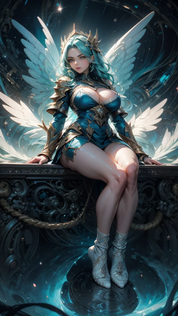 e7 Roana, aqua hair, big breasts, full body, wings, on space, galaxies, (white sock and black sock), (masterpiece),  best quality, highres, 4k, 8k, Detailed Illustration, intricate detail, cinematic lighting, amazing quality, 1girl, fit female, amazing shading, soft lighting, facing camera, perfect eyes