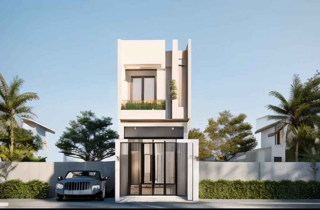 (Townhouse in city ,close houses and trees), daylight ( best quality) ((high solution)) ,(( photo realistic)) ,warm light, (sharp focus) front view of townhouse in style of modern,small house, Narrow area,VietNam,facade, curved arch,beautiful facade,curved windown,narrow and long ,two-storey,mutual colours, soft lighting, warm atmosphere,high Resolution, hyper detailed,4k ,vray render, octane render, hyper realistic, photography expert ,exterior design , professional photography, exterior photography,wide-angle shot , ultra detail , high Resolution , full frame, full body
