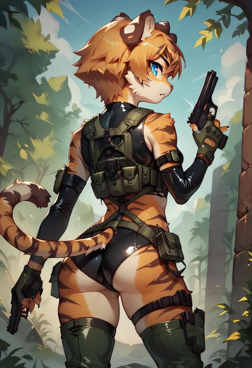 score_9, score_8_up) score_7_up, score_6_up, solo, tiger, kemono, anthro, cute, short hair, blue eyes, white pupils, sexy pose, orange fur, tactical harness, croptop, thigh high boots, assassin girl, mesh body suit, tactical gloves, latex, small breasts, outside, pistol, rear view,