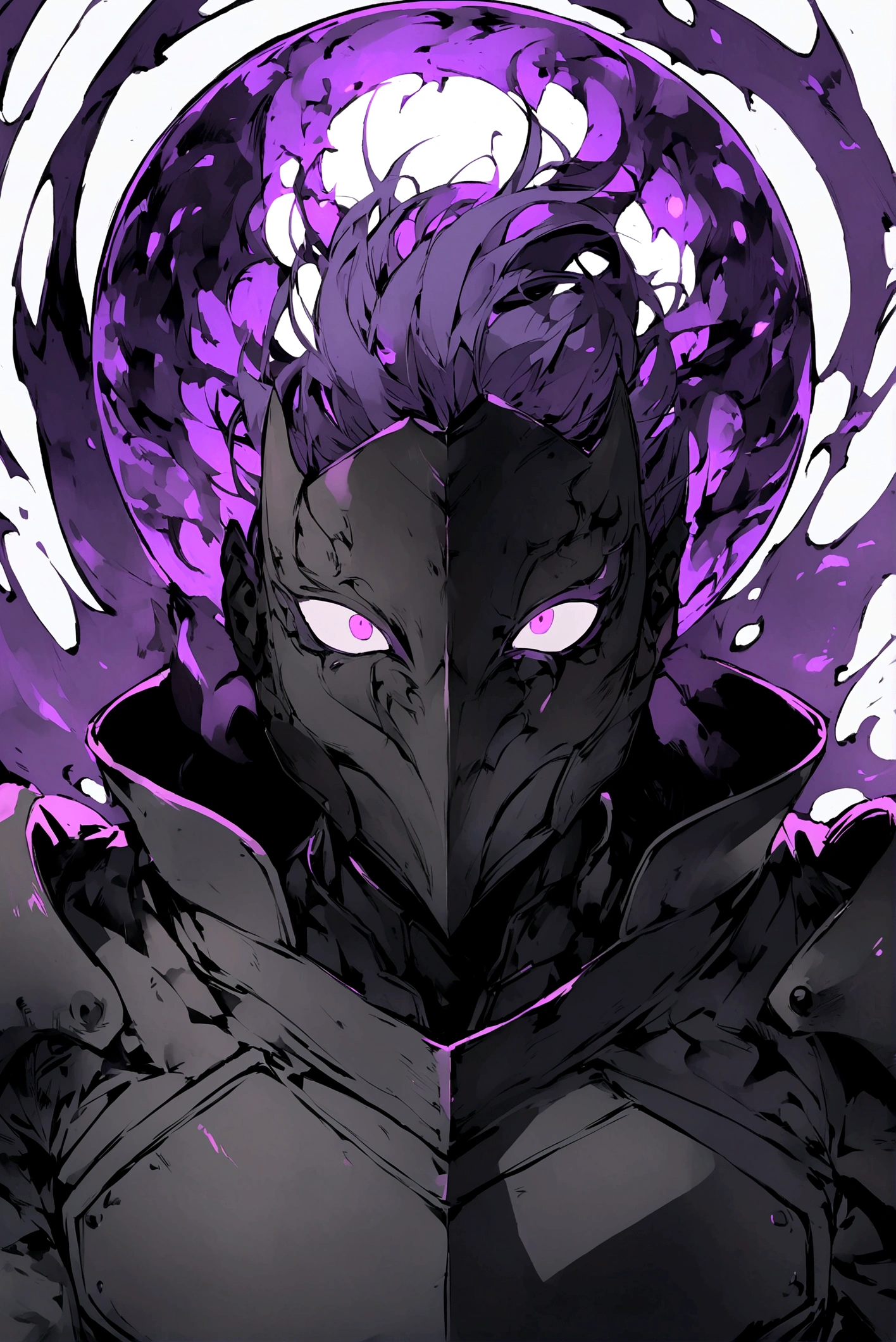 anime drawing style of a purple haired effeminate boy with a mask that only covers the upper part of his face such as his forehead and eyes and the eyes have a white colored glass so they cannot be seen, the mask being black and the boy does not have a mouth, Instead he has two small holes in each cheek and inside the holes he is purple with armor and under the armor he has a dark gray cloth suit.