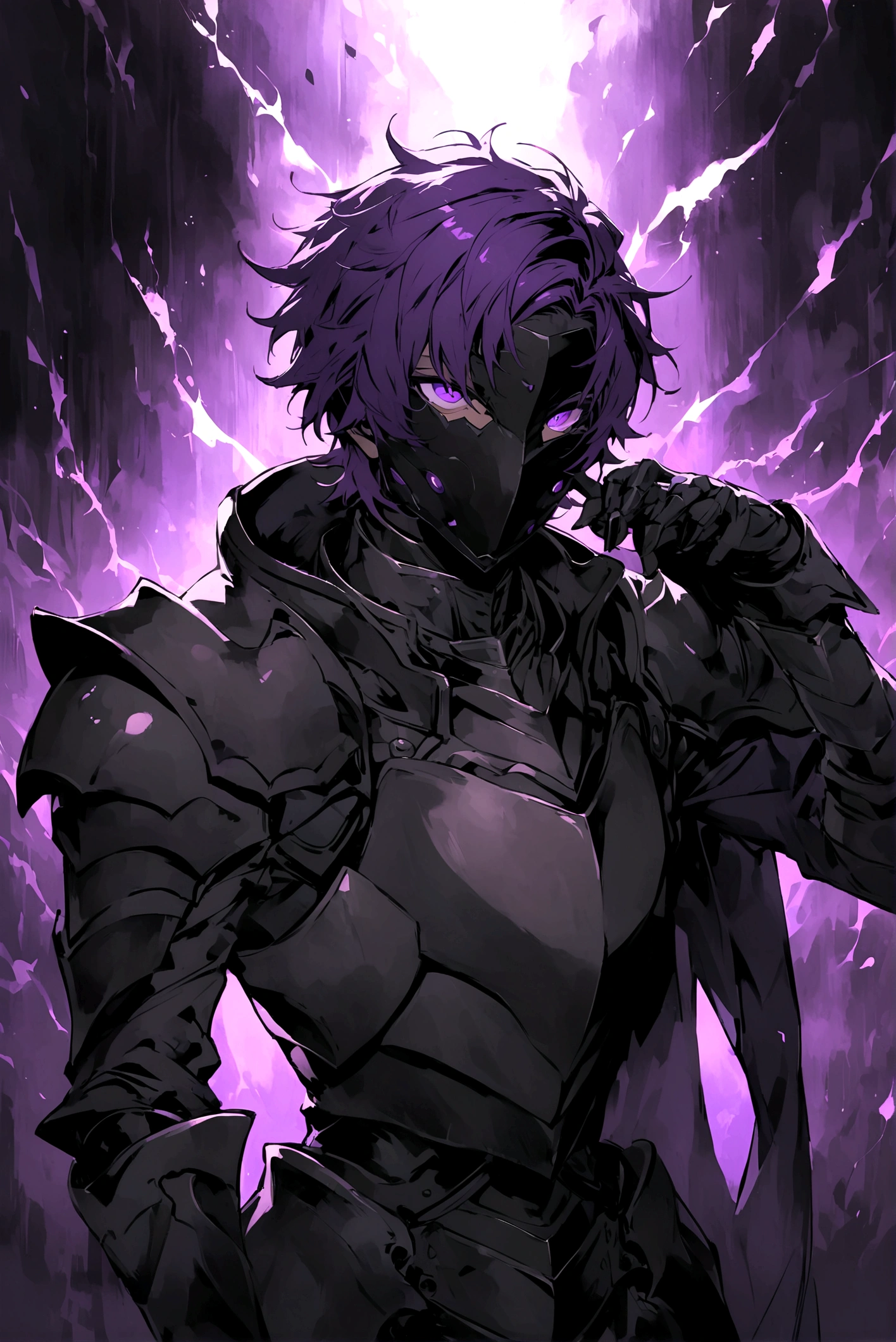 anime drawing style of a purple haired effeminate boy with a mask that only covers the upper part of his face such as his forehead and eyes and the eyes have a white colored glass so they cannot be seen, the mask being black and the boy does not have a mouth, Instead he has two small holes in each cheek and inside the holes he is purple with armor and under the armor he has a dark gray cloth suit.