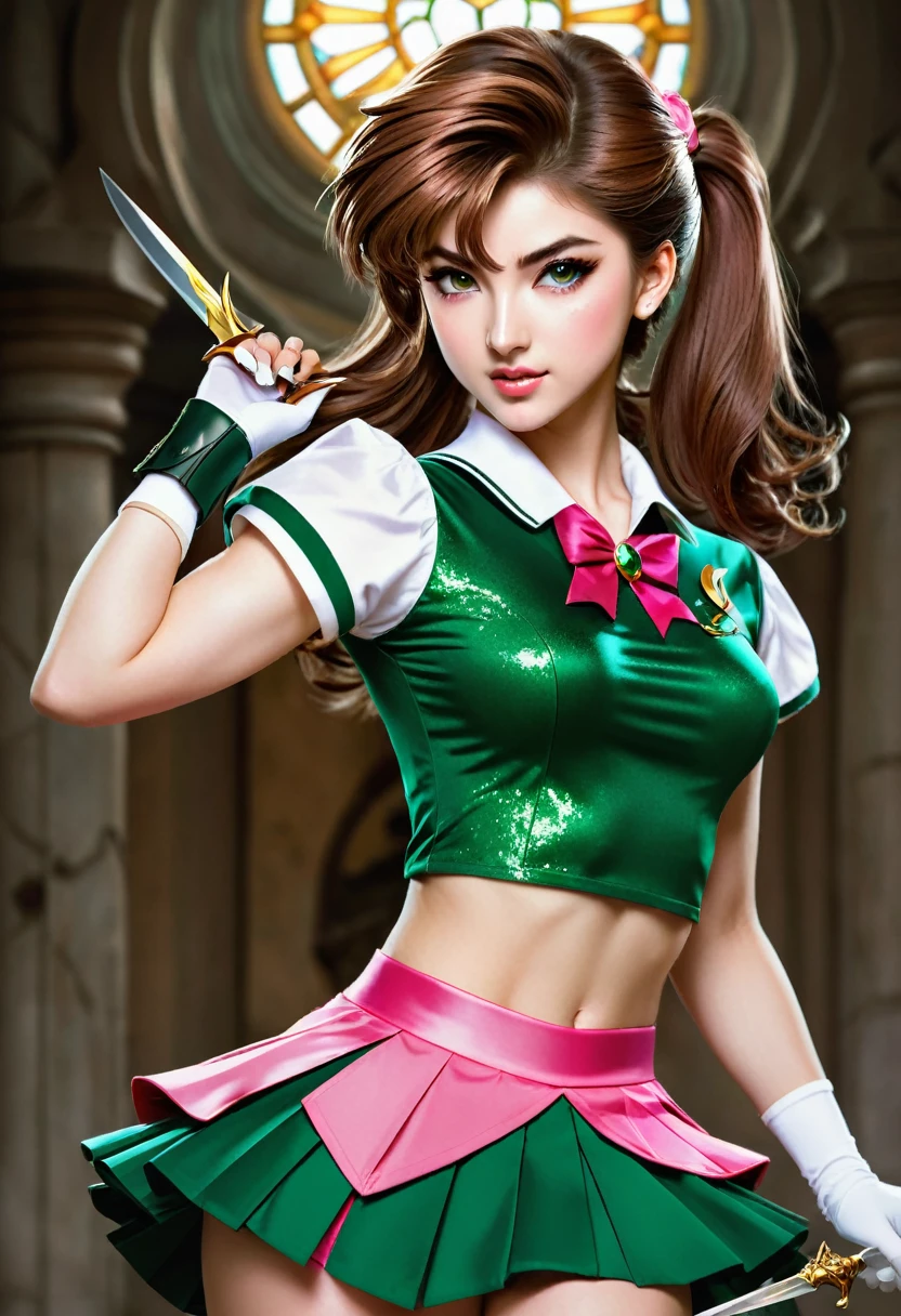 The Sailor Jupiter of your dreams, brought to life in a beautiful and intricate portrait. Her emerald green skirt and rose pink top are perfectly complemented by the sharp knife she holds in her hand. The level of detail in this piece is reminiscent of the meticulous artistry found in the Knights of the Zodiac series. A true masterpiece that captures the essence of fantasy and anime in one stunning image.