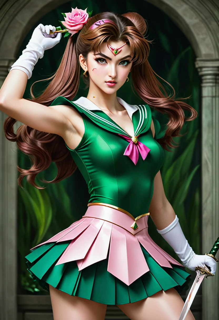 The Sailor Jupiter of your dreams, brought to life in a beautiful and intricate portrait. Her emerald green skirt and rose pink top are perfectly complemented by the sharp knife she holds in her hand. The level of detail in this piece is reminiscent of the meticulous artistry found in the Knights of the Zodiac series. A true masterpiece that captures the essence of fantasy and anime in one stunning image.