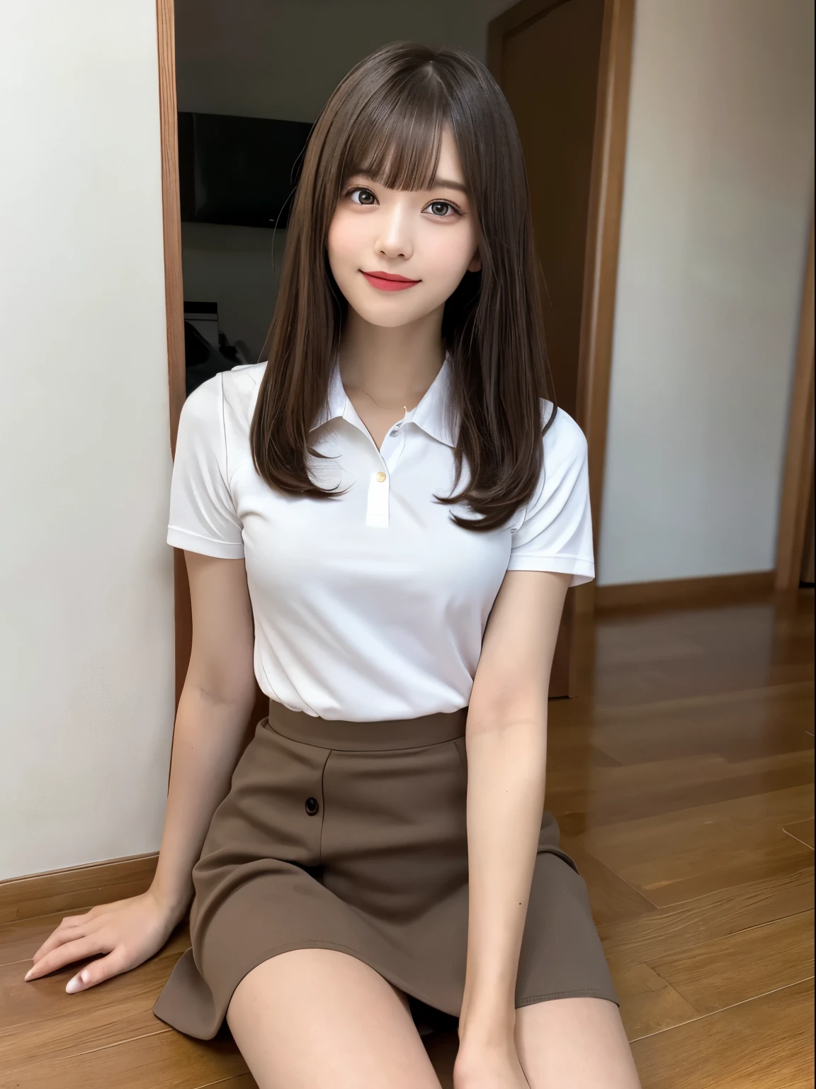 Woman sitting and holding a munchkin kitten、Beauty、In a bright room、sitting on tatami、Medium build、Wearing a polo shirt、Wearing a skirt、View from below、Her white underwear is visible between her skirt and legs.、Wearing white panties、, brown hair, light brown hair, hair over shoulder, parted bangs, straight hair, seductive smile, Surrealism, first-person view, f/1.2, Nikon, Expressionism, cinematic lighting, first-person view, f/1.2, Nikon, UHD, anatomically correct, best quality, highres, 8k