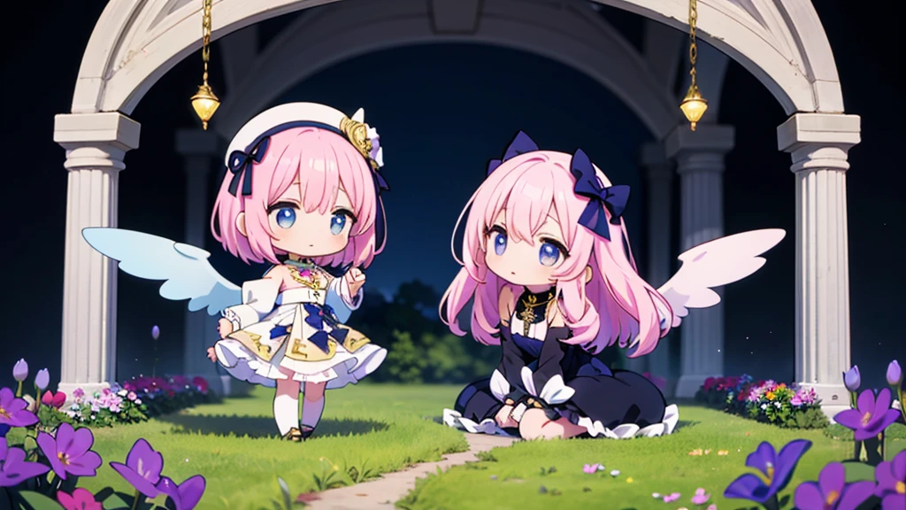 ( high quality , Super detailed, Watch your hands )This character is a beautifully designed anime-like character with delicate features. She has long, pastel pink hair that flows down to her ankles, with bangs swept to the side. Her eyes are large and expressive, with pink irises, which are commonly seen in anime-style characters. She is wearing a fantasy-inspired outfit that combines purple and black colors with gold accents. The outfit includes a form-fitting bodice with a high collar, frills, lace details, and thigh-high stockings with ribbon lacing. The character is adorned with ribbon-like accessories, such as a large bow in her hair and smaller bows on her outfit. She also has gold chains hanging from her waist and thigh. Her pose is playful, with one leg lifted slightly and a finger held to her lips, suggesting a secret or silence. Additionally, she has two elaborate wings, possibly mechanical or magical in nature, with multiple segments and a circular design near the base. The character is depicted in a vibrant scene with flowers matching her hair color, patches of grass, and a gemstone on the ground, creating a whimsical and otherworldly atmosphere.Chibi Character,Hands are hidden in sleeves