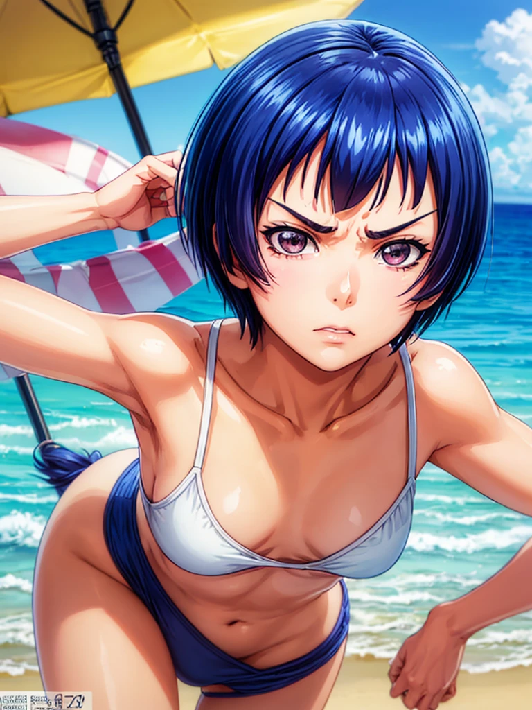 Beach background, sunny weather,aina, tilt eyes,depth_of_field, aina yoshiwara,glossy skin, oily skin, short hair, tilt eyebrows, angry,looking at viewer, small , masterpiece, ultra-detailed, anime illustration, highres, solo,perfect anatomy, perfect proportions, perfect hands, blue hair, detailed face