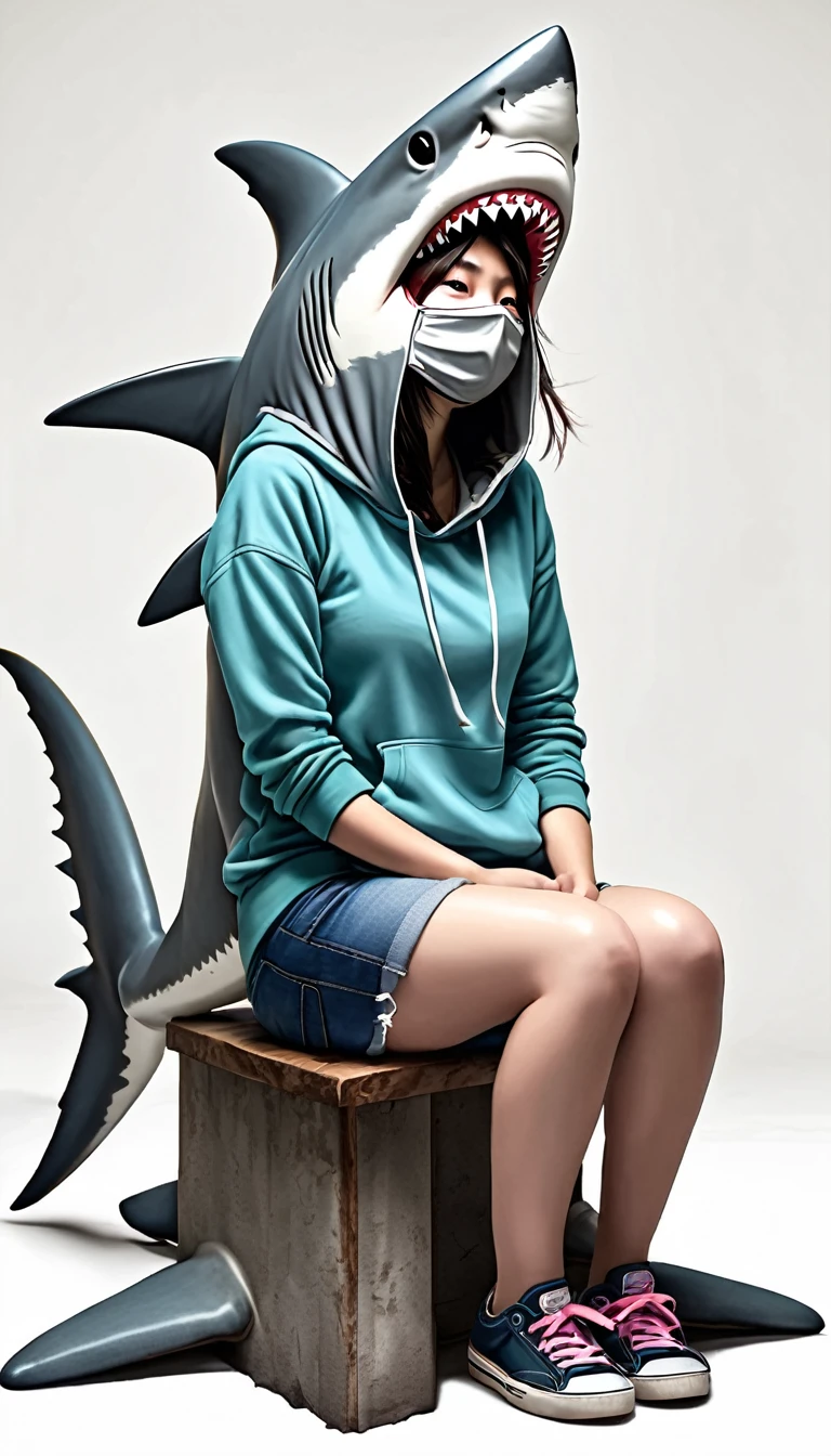(shark-head), girl wearing  shark head,(no face),(no humans), detailed, fullbody, sitting