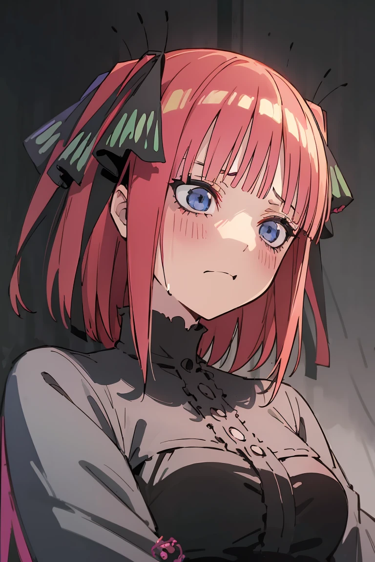 (studio lighting:1.2), deep focus bokeh, nino nakano, hair ribbons, goth style, 1 girl, nakano_nino, pink hair, blue eyes, black and white manga style,Junji Ito,horor,hight contrast,extreme shadows,haunting atmosphere,scary and mysterious scenes,mind-blowing visuals,creepy and unsettling,emotionally charged,psychological terror, gothic girl nino, goth girl, goth outfit, Exquisite details,nightmare inducing,artistically stylized,expressive characters,intricate patterns,Terrible expectation,gothic and macabre,anxiety inducing,disturbing compositions,intense and mysterious,Masterful narrative,foreboding atmosphere,strange and supernatural,captivating and disturbing narratives,Subtle symbolism,dark and twisted,unforgettable horor experience,sublime e surreal,exploring the depths of the human psyche,psychological horor at its best,Convincing and thought-provoking,transcending the limits of reality and imagination