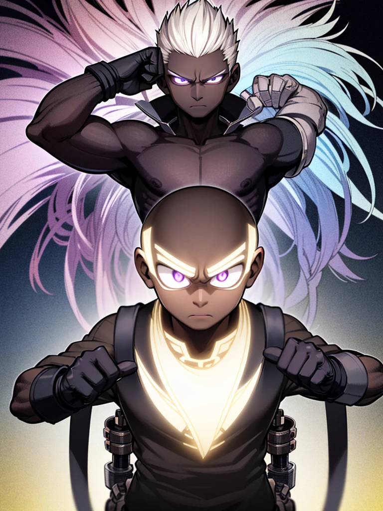 The character is a black boy, with white hair and dark purple eyes, my hero academia style. Has a certain expression, is ready for action, and controls energy. His skill is visible in his pose, where he has his hands raised and appears to be concentrating on the energy around him