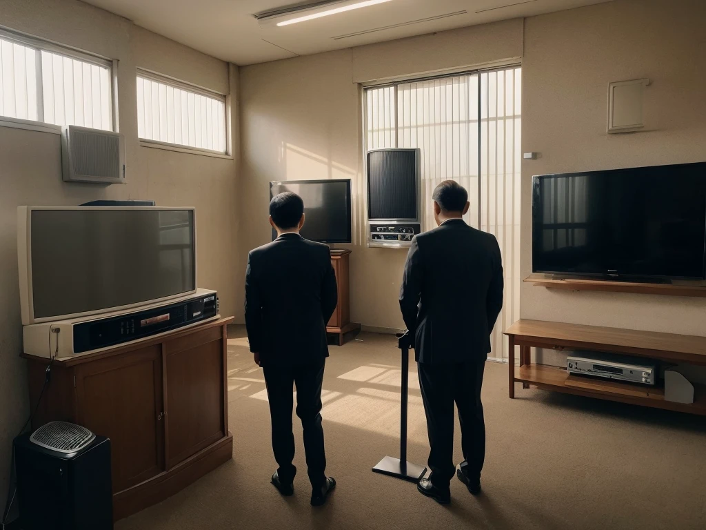 Several men in suits are standing at the entrance to a funeral hall with a single television, Funeral, Photo taken from behind,Screen 16：9, watching tv, beautiful photo, Sunny place, External light, watching tv