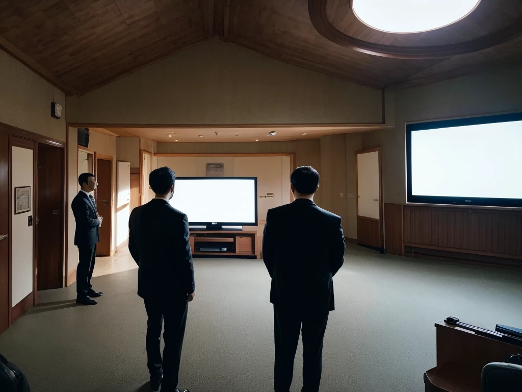 Several men in suits are standing at the entrance to a funeral hall with a single television, Funeral, Photo taken from behind,Screen 16:9, watching tv, beautiful photo, Sunny place, External light, watching tv