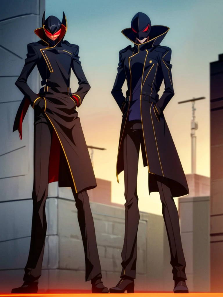 Male, teenager, vigilante, wearing dark clothes, a militaristic coat, and a mask, athletic build, hands in pockets, standing at attention, nighttime setting, lone figure, facing viewer, fully in frame, full body shot, Code Geass style, codeGeass, CODEGEASS