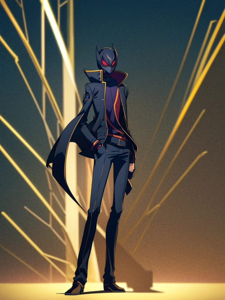 Male, teenager, vigilante, wearing dark clothes, a militaristic coat, and a mask, athletic build, hands in pockets, standing at attention, nighttime setting, lone figure, facing viewer, fully in frame, full body shot, Code Geass style, codeGeass, CODEGEASS
