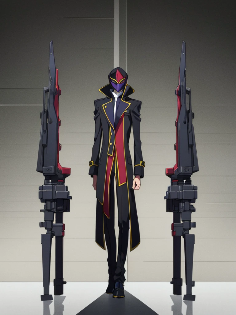 Male, teenager, vigilante, wearing dark clothes, a militaristic coat, and a mask, athletic build, hands in pockets, standing at attention, nighttime setting, lone figure, facing viewer, fully in frame, full body shot, Code Geass style, codeGeass, CODEGEASS
