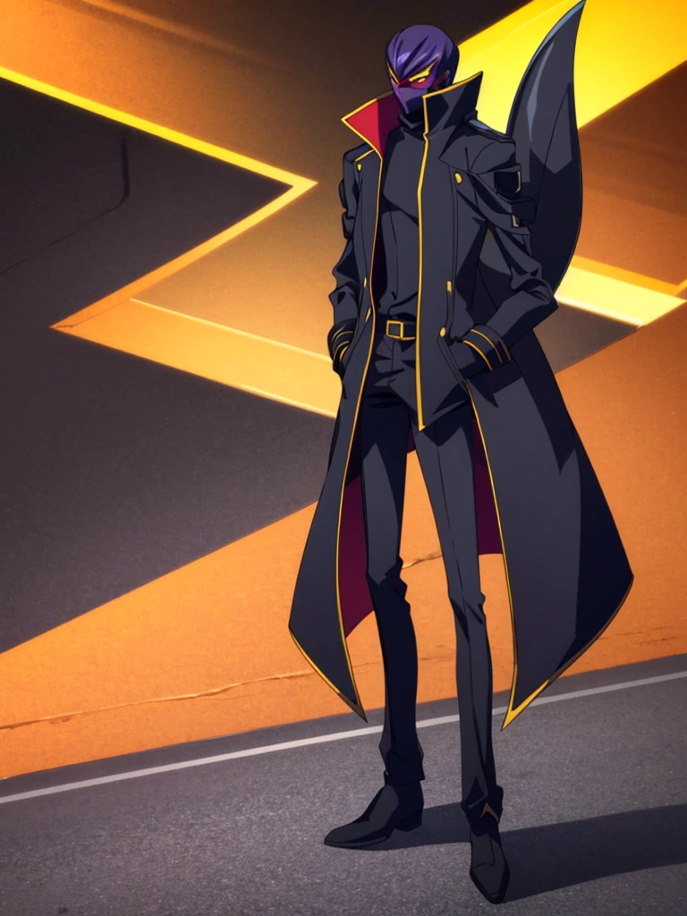 Male, teenager, vigilante, wearing dark clothes, a militaristic coat, and a mask, athletic build, hands in pockets, standing at attention, nighttime setting, lone figure, facing viewer, fully in frame, full body shot, Code Geass style, codeGeass, CODEGEASS