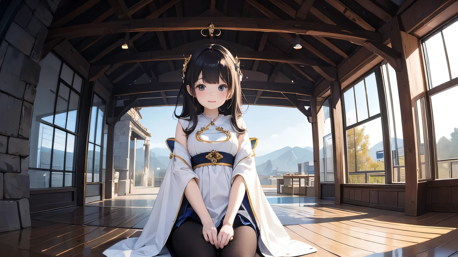 Large room with landscape view Priestess girl at right end of screen