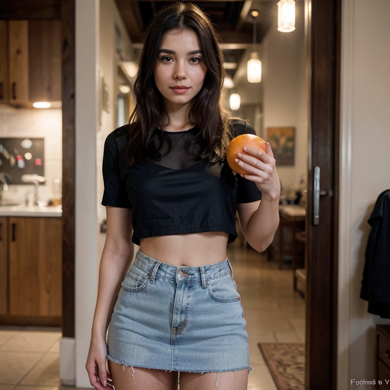 young and beautiful woman, slender, healthy, happy expression, She is wearing a black blouse and a denim skirt, Comfort food, preparando comida healthy, she is holding an orange in one hand, warm colours, softfocus, delicate facial features, silky hair, behaved pose , proffesional, (best qualityer, 4K, 8K, high resolution, Masterpiece artwork: 1,2), ultradetailed, (realistic, fotorrealistic, fotorrealistic: 1,37), HDR, uhd, studio lighting, ultra-fine painting, sharp focus, Physically based rendering , Extremely detailed description, shiny colors, bokeh, portraite