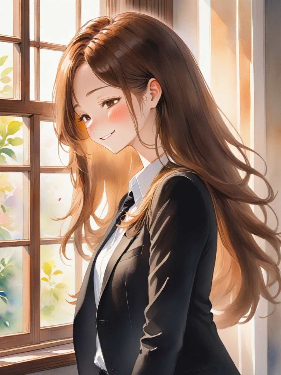 アニメのwoman、Long Hair、Brown Hair、Close your eyes and smile、adult、woman、refreshing、vivid、Lively、A very detailed watercolor painting、The soft light is hitting my face、adultのwoman、indoor、Window、Straight Hair、Slim figure、Black suit、Wearing a white shirt、adultのwoman、