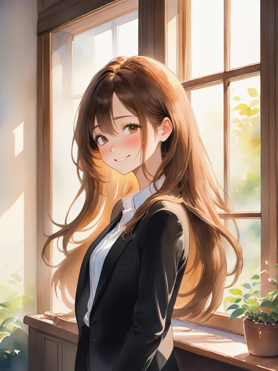 アニメのwoman、Long Hair、Brown Hair、Close your eyes and smile、adult、woman、refreshing、vivid、Lively、A very detailed watercolor painting、The soft light is hitting my face、adultのwoman、indoor、Window、Straight Hair、Slim figure、Black suit、Wearing a white shirt、adultのwoman、
