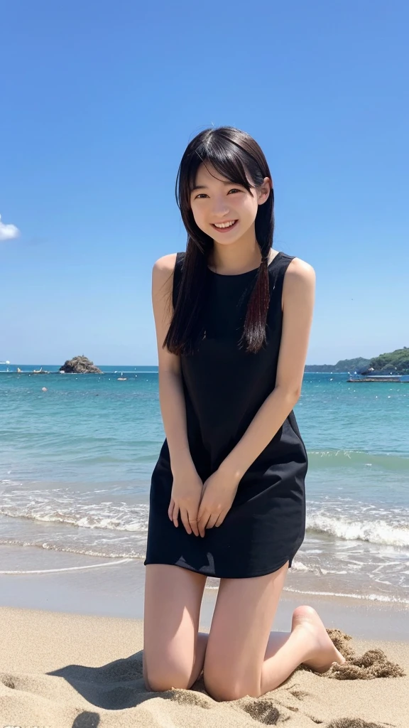 Photos of cute 18 year old Japanese girls、Black sleeveless dress、smile、(Above the knee photo:1.4)、beach