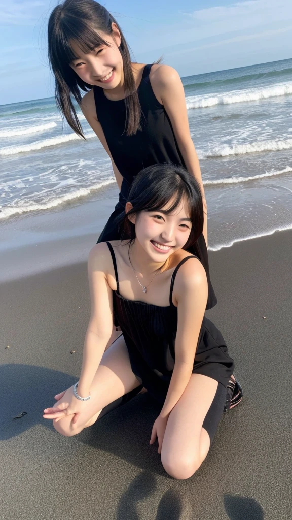 Photos of cute 18 year old Japanese girls、Black sleeveless dress、smile、(Above the knee photo:1.4)、beach