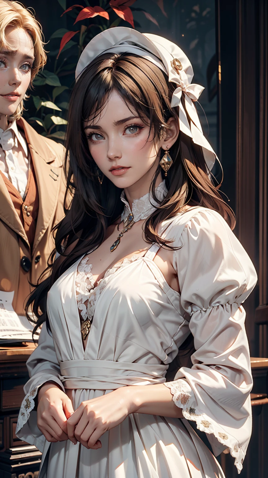 A girl in a white lace dress with Leonardo da Vinci's notes in the background、Image of À la Fed, A stunningly young and elegant person, Magical Girl Portrait, Portrait of a Young Witch girl, Girl in steampunk clothes, Musician girl in lace clothes, Natalia Dyer, Dafne Keen, Portrait of a Young Witch, Girl with magical powers, Inspired by Irakli Nadar, Inspired by William Mastester Lockhart, Highest quality, detailed, detailed, masterpiece, high resolution、24-year-old woman、Sexy proportions、Narrow waist、slender、Sexy
