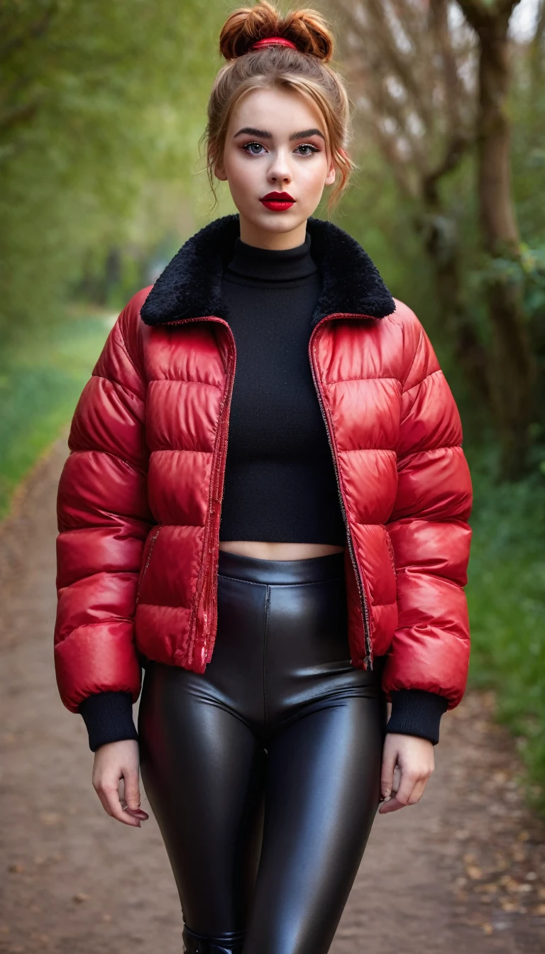 ultrarealistic high quality fullbody photo of a beautiful slim european teen girl with cute hyperdetailed shy face and natural redhead short messy bun and mischievous face, realistic round hazel eyes, red lips, dark eye makeup with eyeliner, wearing shiny red puffer jacket and faux leather leggins, hourglass body, outdoor shooting