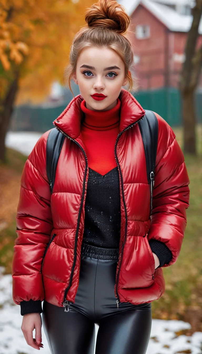 ultrarealistic high quality fullbody photo of a beautiful slim european teen girl with cute hyperdetailed shy face and natural redhead short messy bun and mischievous face, realistic round hazel eyes, red lips, dark eye makeup with eyeliner, wearing shiny red puffer jacket and faux leather leggins, hourglass body, outdoor shooting