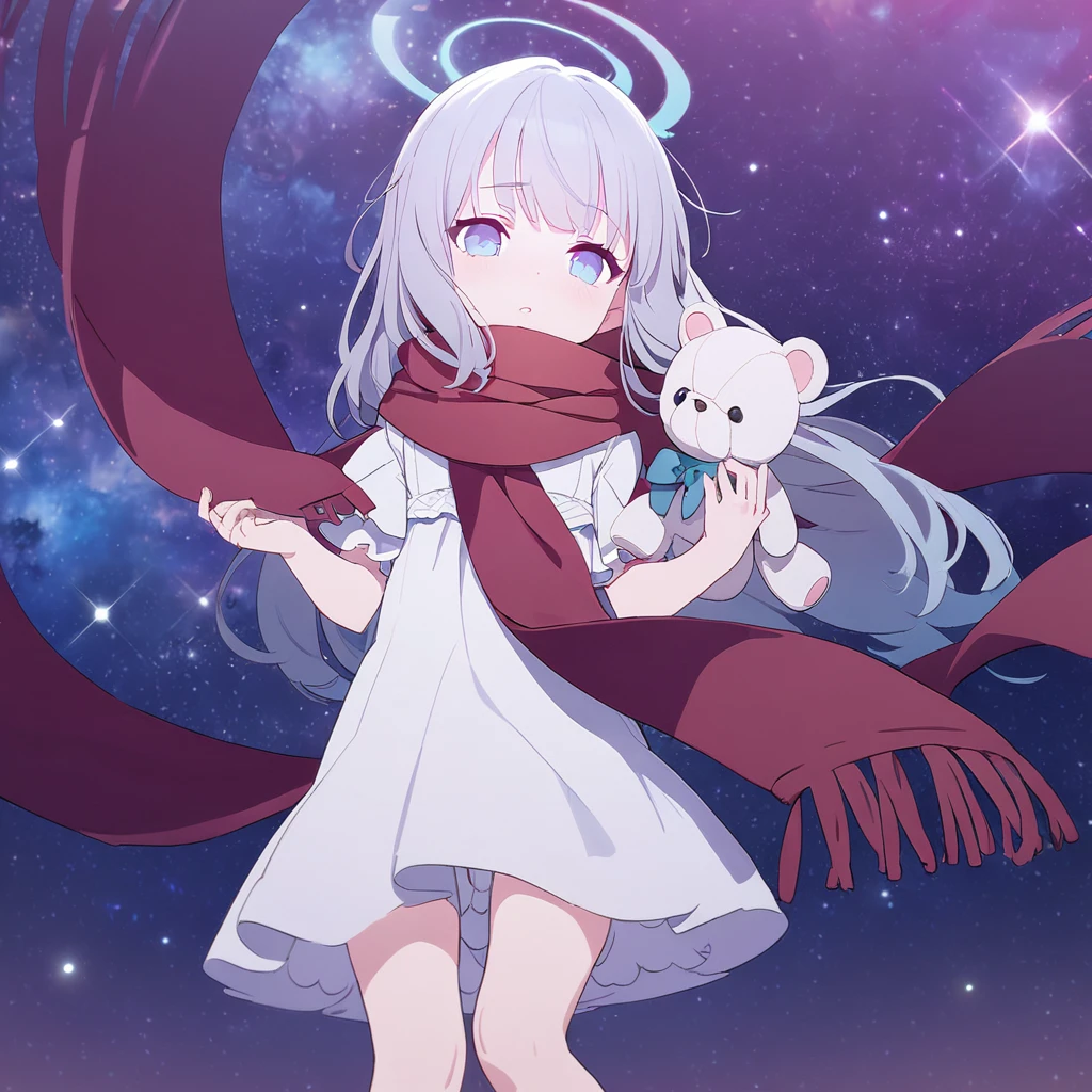 (((masterpiece))), (((best quality))),(((high detail))), girl with long silver hair, gradient purple to sky blue eyes, wearing a white dress, a red scarf, (((li))), (((ch) , galaxy background, holding a teddy bear, feet, no footwear