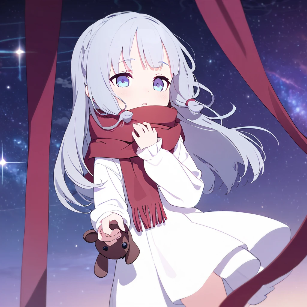 (((masterpiece))), (((best quality))),(((high detail))), girl with long silver hair, gradient purple to sky blue eyes, wearing a white dress, a red scarf, (((loli))), (((child))) , galaxy background, holding a teddy bear, feet, no footwear