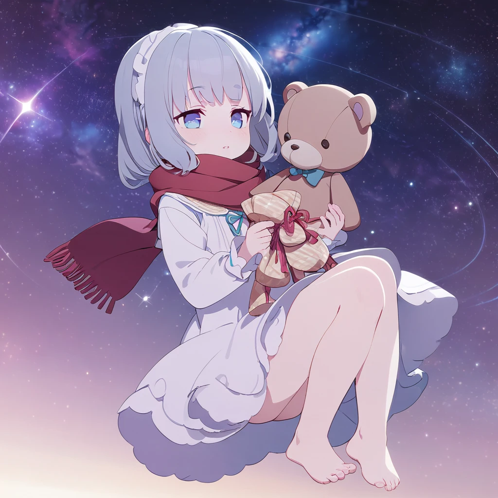 (((masterpiece))), (((best quality))),(((high detail))), girl with long silver hair, gradient purple to sky blue eyes, wearing a white dress, a red scarf, (((loli))), (((child))) , galaxy background, holding a teddy bear, feet, no footwear