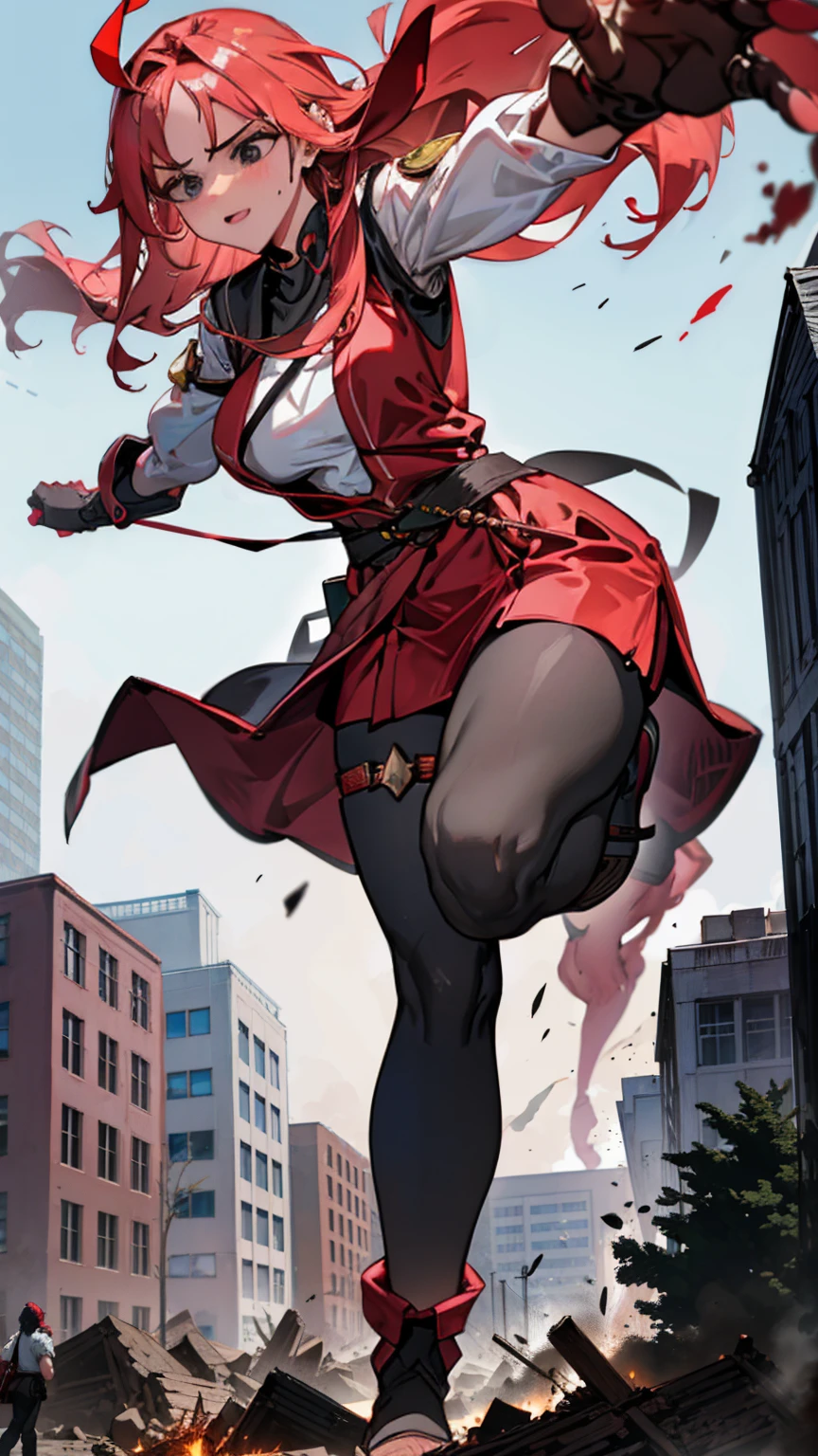 Striding through a busy university campus, the Giantess Goddess with crimson skin and onyx black eyes looms over the buildings. Her hair, a cascade of crimson flames, sets the surroundings ablaze. Normal-sized students and professors scatter, but many are caught and crushed underfoot. She scoops up the survivors, pressing them against her crimson curves, their struggles amplifying her pleasure.