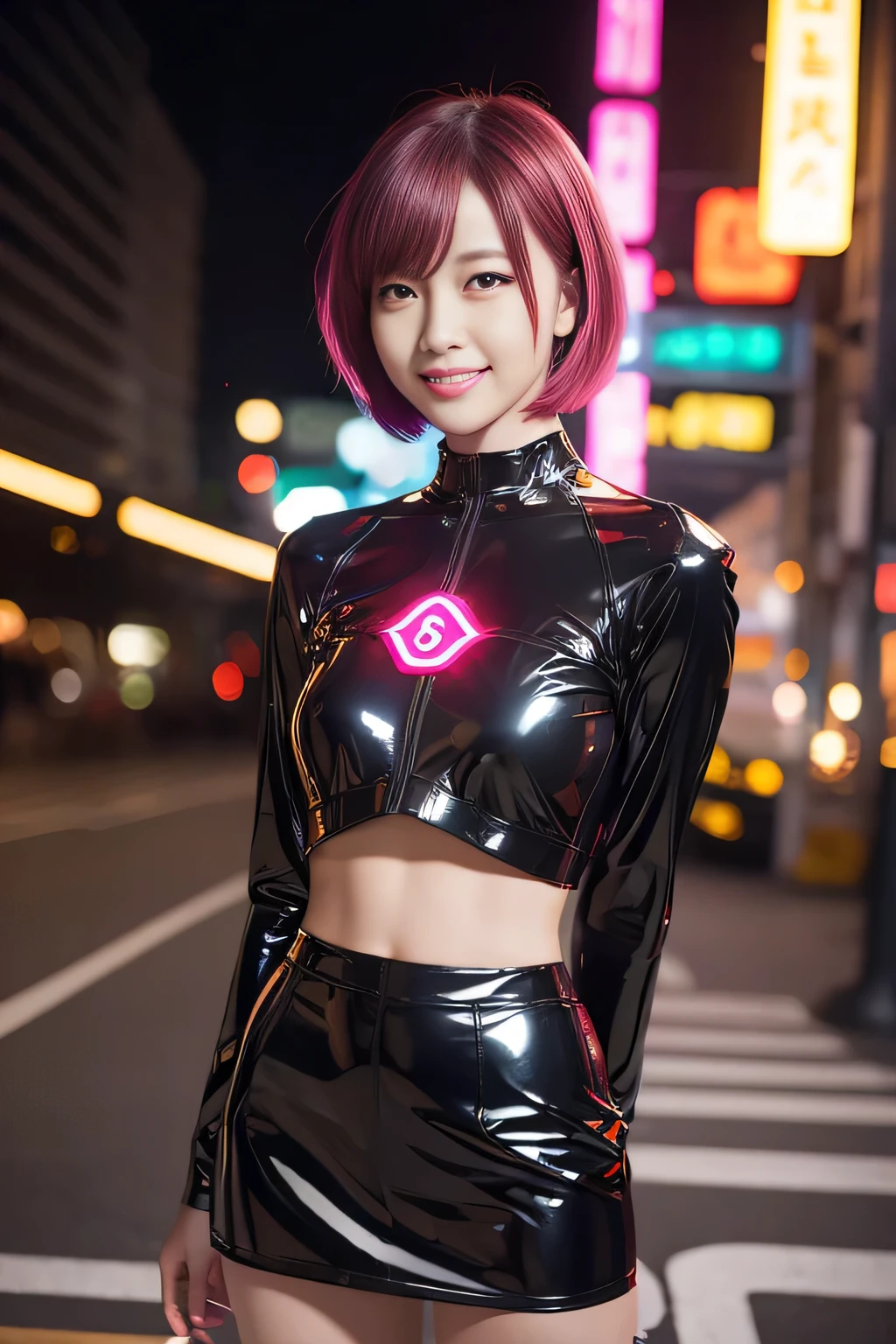 Browsing Caution、Female Idols、smile、Ezvian everywhere、、Shiny latex mini skirt(Neon Fuchsia)、(Multi-colored short hair)、Conceptual Art, high quality, Realistic, Very detailed CG synthesis 8k wallpaper, Very detailed, High resolution raw color photos, Professional photography, Realistic portrait, Cinematic Light, Beautiful details, Very detailedな, Attention to detail, (((Bokeh))), Written boundary depth, illumination, Neon Street, Super stylish lighting