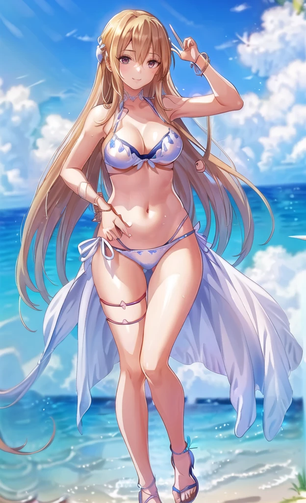 ((masterpiece))、(((Highest quality)))、((Super detailed))、((An illustration))、Attention to detail、Highly detailed CG Unity 8k、High resolution、美しいAttention to detail目、Attention to detail、美しいAttention to detail目,Anime Artwork Highly Detailed CG Unity 8K Wallpaper, Realistic, Swimwear, Long Hair, chest, (((White bikini with a flashy pattern))), alone, belly button, Day, Outdoor, chestの谷間, White bikini with a flashy pattern, Blonde, smile, null, blue null, very Long Hair, cloud, medium chest, side-tie bikini bottom, Blurred, clavicle, ribbon, Close your mouth, Blurred background, Thigh Gap, thigh ribbon, Halter neck, Are standing, jewelry, bangs, Stomach, Thigh straps, Floating Hair, Bare shoulders ,(((flip flops))),(((One hand on hip))),(((Brush your hair up))),(((Beautiful feminine fingers))),(((Accurate 5-finger))),