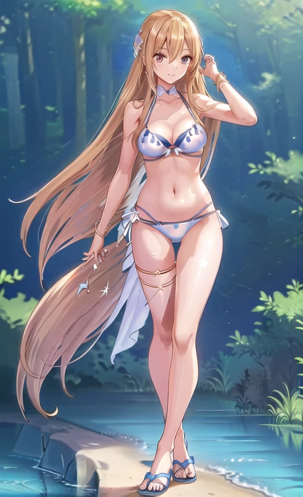 ((masterpiece))、(((Highest quality)))、((Super detailed))、((An illustration))、Attention to detail、Highly detailed CG Unity 8k、High resolution、美しいAttention to detail目、Attention to detail、美しいAttention to detail目,Anime Artwork Highly Detailed CG Unity 8K Wallpaper, Realistic, Swimwear, Long Hair, chest, (((White bikini with a flashy pattern))), alone, belly button, Day, Outdoor, chestの谷間, White bikini with a flashy pattern, Blonde, smile, null, blue null, very Long Hair, cloud, medium chest, side-tie bikini bottom, Blurred, clavicle, ribbon, Close your mouth, Blurred background, Thigh Gap, thigh ribbon, Halter neck, Are standing, jewelry, bangs, Stomach, Thigh straps, Floating Hair, Bare shoulders ,(((flip flops))),(((One hand on hip))),(((Brush your hair up))),(((Beautiful feminine fingers))),(((Accurate 5-finger))),