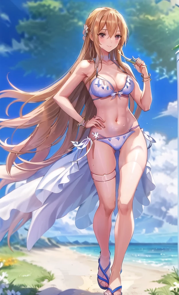 Anime Artwork Highly Detailed CG Unity 8K Wallpaper, Realistic, Swimwear, Long Hair, chest, (((White bikini with a flashy pattern))), alone, belly button, Day, Outdoor, chestの谷間, White bikini with a flashy pattern, Blonde, smile, null, blue null, very Long Hair, cloud, medium chest, side-tie bikini bottom, Blurred, clavicle, ribbon, Close your mouth, Blurred background, Thigh Gap, thigh ribbon, Halter neck, Are standing, jewelry, handrail, bangs, Stomach, Thigh straps, Floating Hair, Bare shoulders ,(((flip flops))),