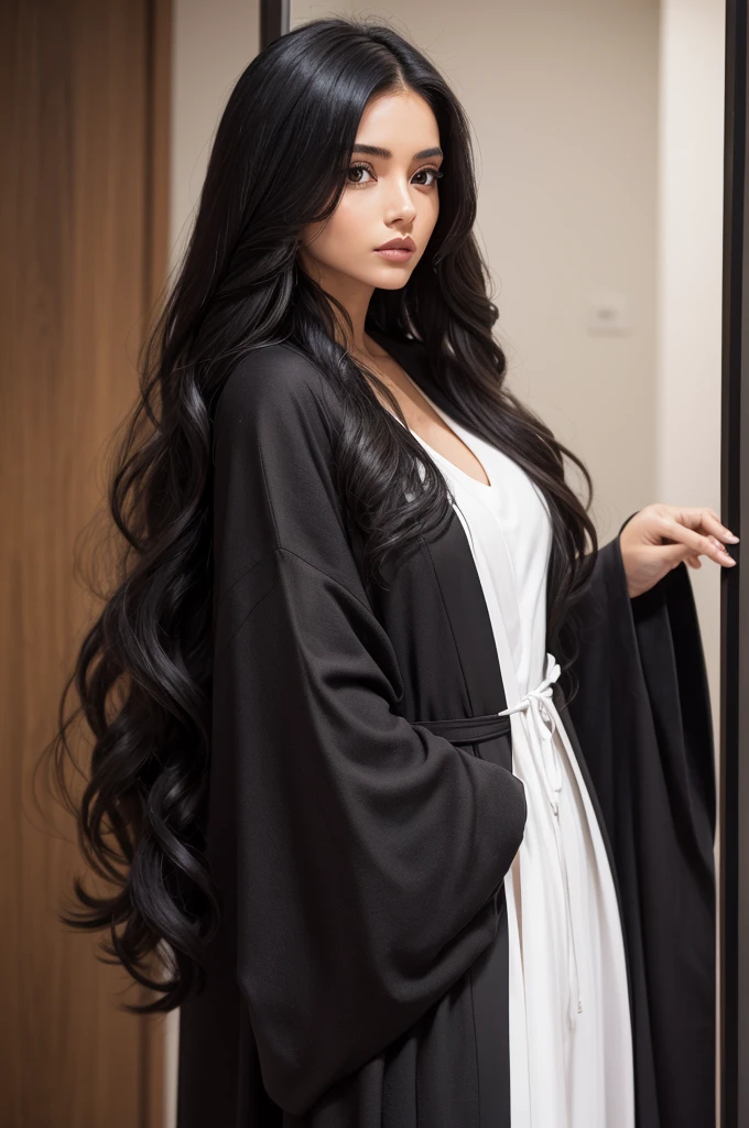 latina woman, blackquality hair, cropped de couro, long robe.