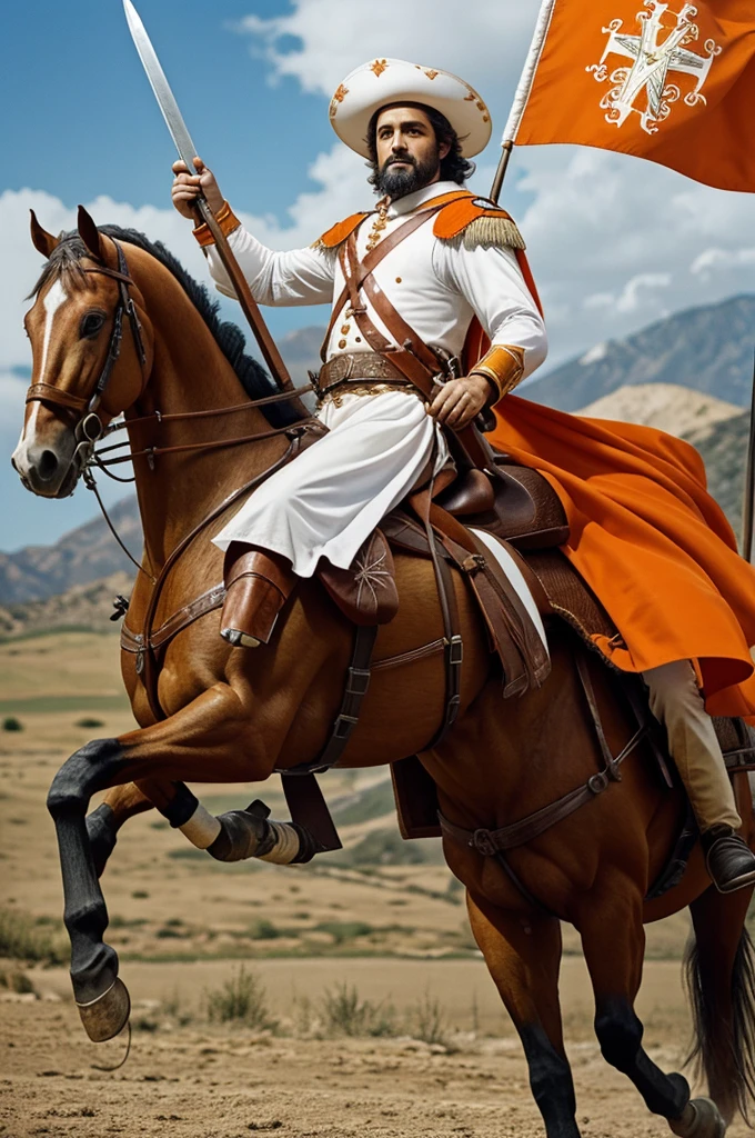 Image of the apostle Santiago dressed in white with orange touches, On his horse, Musketeer hat with orange and white feathers, with the right hand raised holding a sword, in the background a banner with the cross of the apostle Santiago as a logo on it,  galloping, very artistic, in high definition