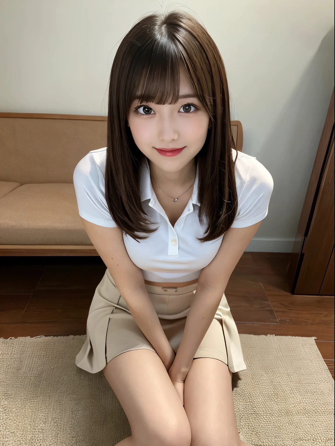 Woman sitting and holding a munchkin kitten、Beauty、In a bright room、sitting on tatami、Medium build、Wearing a polo shirt、Wearing a skirt、View from below、Her white underwear is visible between her skirt and legs.、Wearing white panties、, brown hair, light brown hair, hair over shoulder, parted bangs, straight hair, seductive smile, Surrealism, first-person view, f/1.2, Nikon, Expressionism, cinematic lighting, first-person view, f/1.2, Nikon, UHD, anatomically correct, best quality, highres, 8k