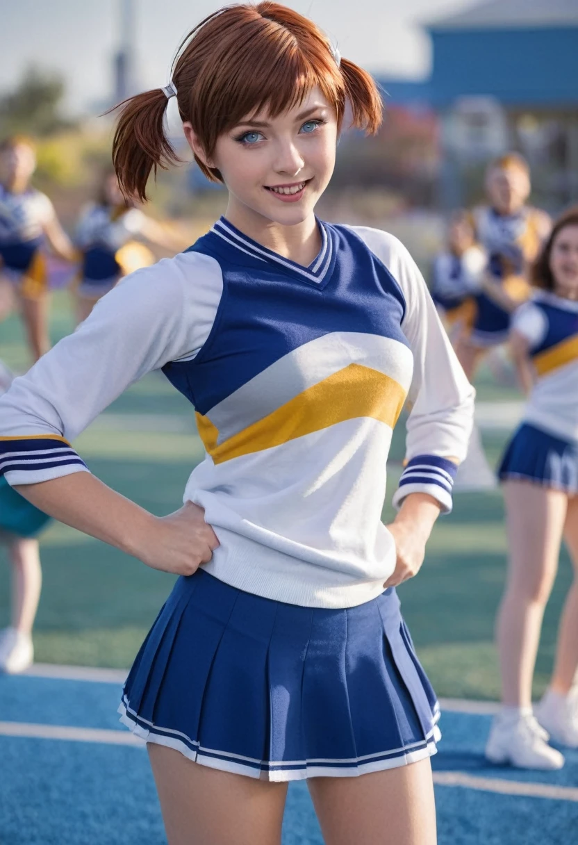 Women,protagonist,16 years old,hopeful face,blue eyes,short hairstyle,reddish hair with white gray,, with skirt cheerleading,pantis visibles