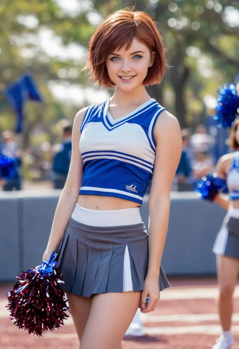  Women,protagonist,16 years old,hopeful face,blue eyes,short hairstyle,reddish hair with white gray,, with skirt cheerleading,pantis visibles