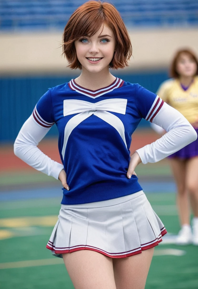  Women,protagonist,,hopeful face,blue eyes,short hairstyle,reddish hair with white gray,, with skirt cheerleading,pantis visibles