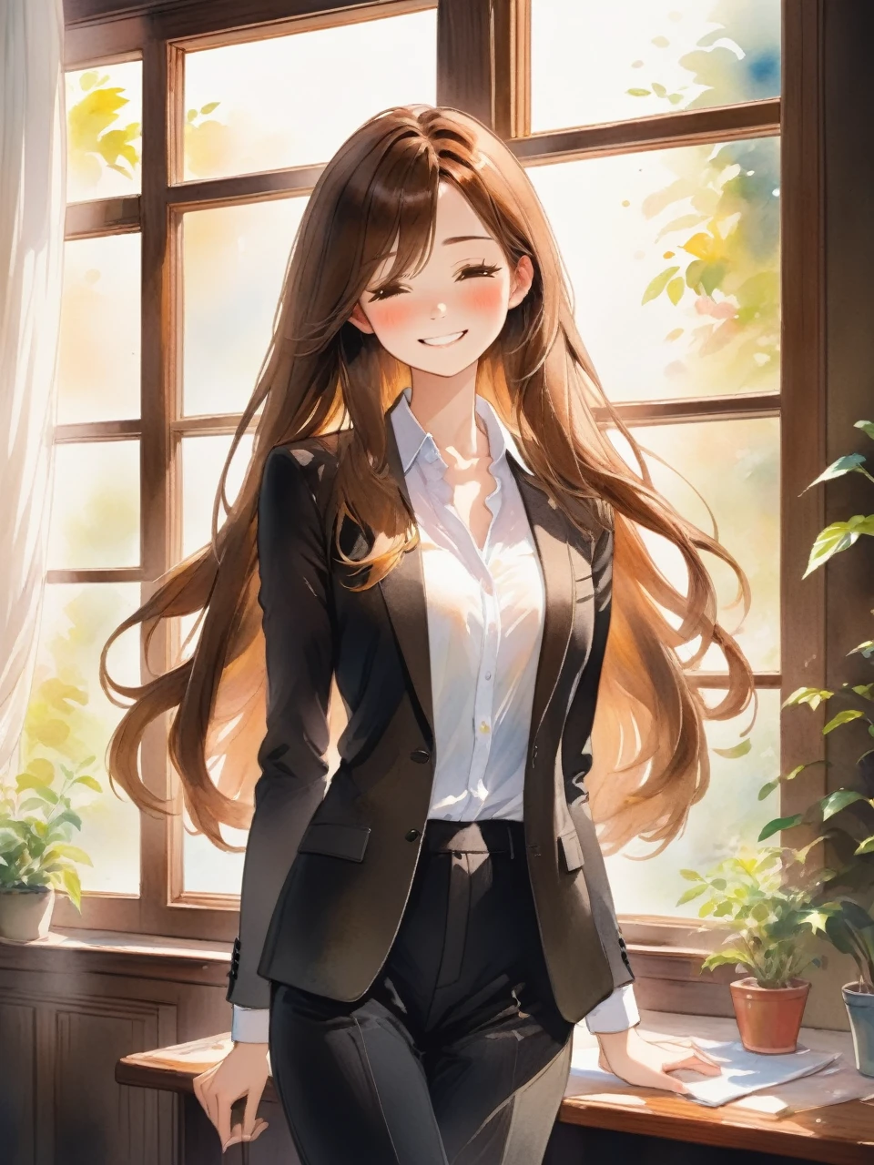 アニメのwoman、Long Hair、Brown Hair、Close your eyes and smile、adult、woman、refreshing、vivid、Lively、A very detailed watercolor painting、The soft light is hitting my face、adultのwoman、indoor、Window、Straight Hair、Slim figure、Black suit、Wearing a white shirt、adultのwoman、