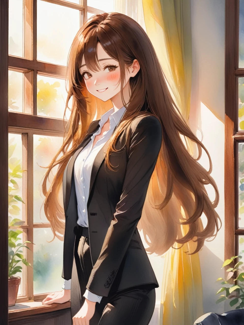 アニメのwoman、Long Hair、Brown Hair、Close your eyes and smile、adult、woman、refreshing、vivid、Lively、A very detailed watercolor painting、The soft light is hitting my face、adultのwoman、indoor、Window、Straight Hair、Slim figure、Black suit、Wearing a white shirt、adultのwoman、