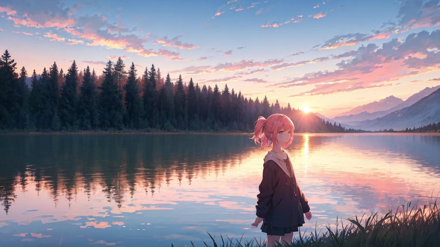 Sunset, lake, grassland, Sunset, Pink sky, Star, cloud, 4K, amazing, sharp, Intricate details, (high resolution: 1.5)