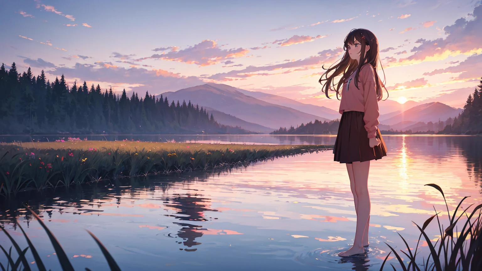 Sunset, lake, grassland, Sunset, Pink sky, Star, cloud, 4K, amazing, sharp, Intricate details, (high resolution: 1.5)