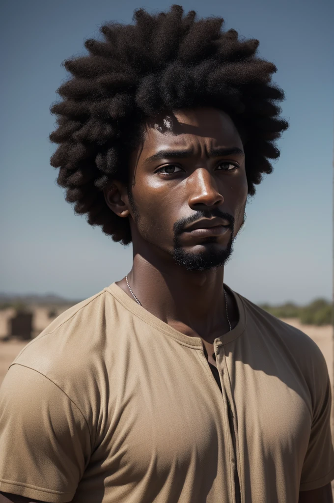 black male, afro hair, approximately 33 years old, dark, sun-dried skin, sad and thoughtful face, Artistic Image, realisitic ,jesus afro, black jesus